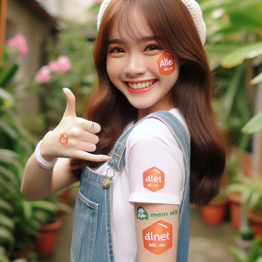 a very happy girl smiling with the logo allNET.vn on her wrist and on her back